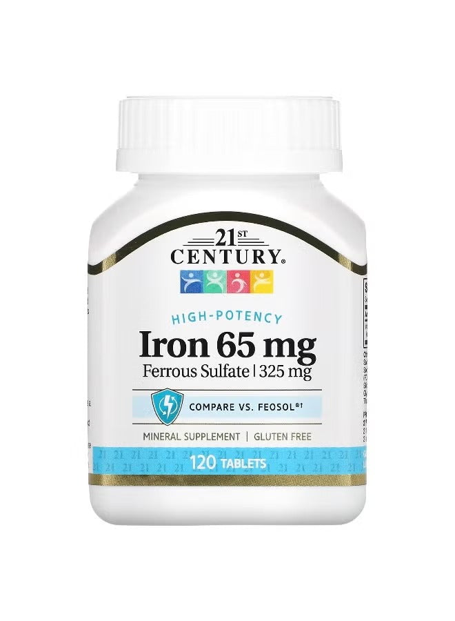 21st Century iron supplement 65mg tablets with ferrous sulfate for mineral support, 120 count bottle