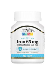 21st Century iron supplement 65mg tablets with ferrous sulfate for mineral support, 120 count bottle