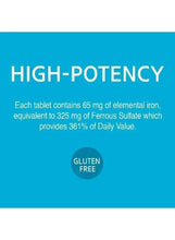 High-potency iron supplement panel with gluten free statement