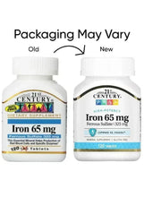 Two iron 65 mg supplement bottles, 120 tablets, gluten free packaging may vary