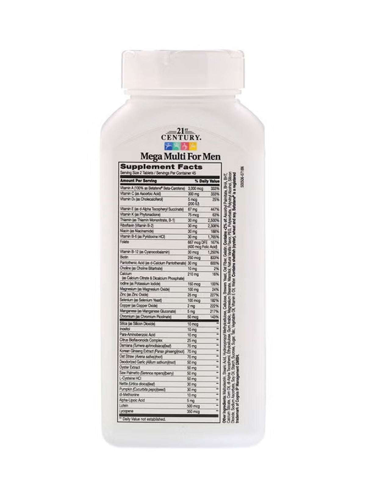 21st Century Mega Multi multivitamin supplement bottle with detailed ingredient list for daily nutrition