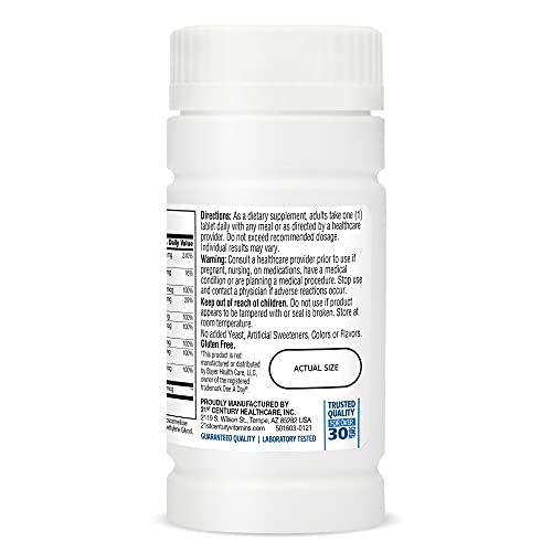 21st Century men's daily multivitamin tablets in a white bottle with dosage instructions and nutritional facts