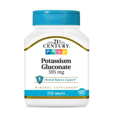 Potassium gluconate supplement bottle, 595 mg, 110 tablets, blue cap, white label