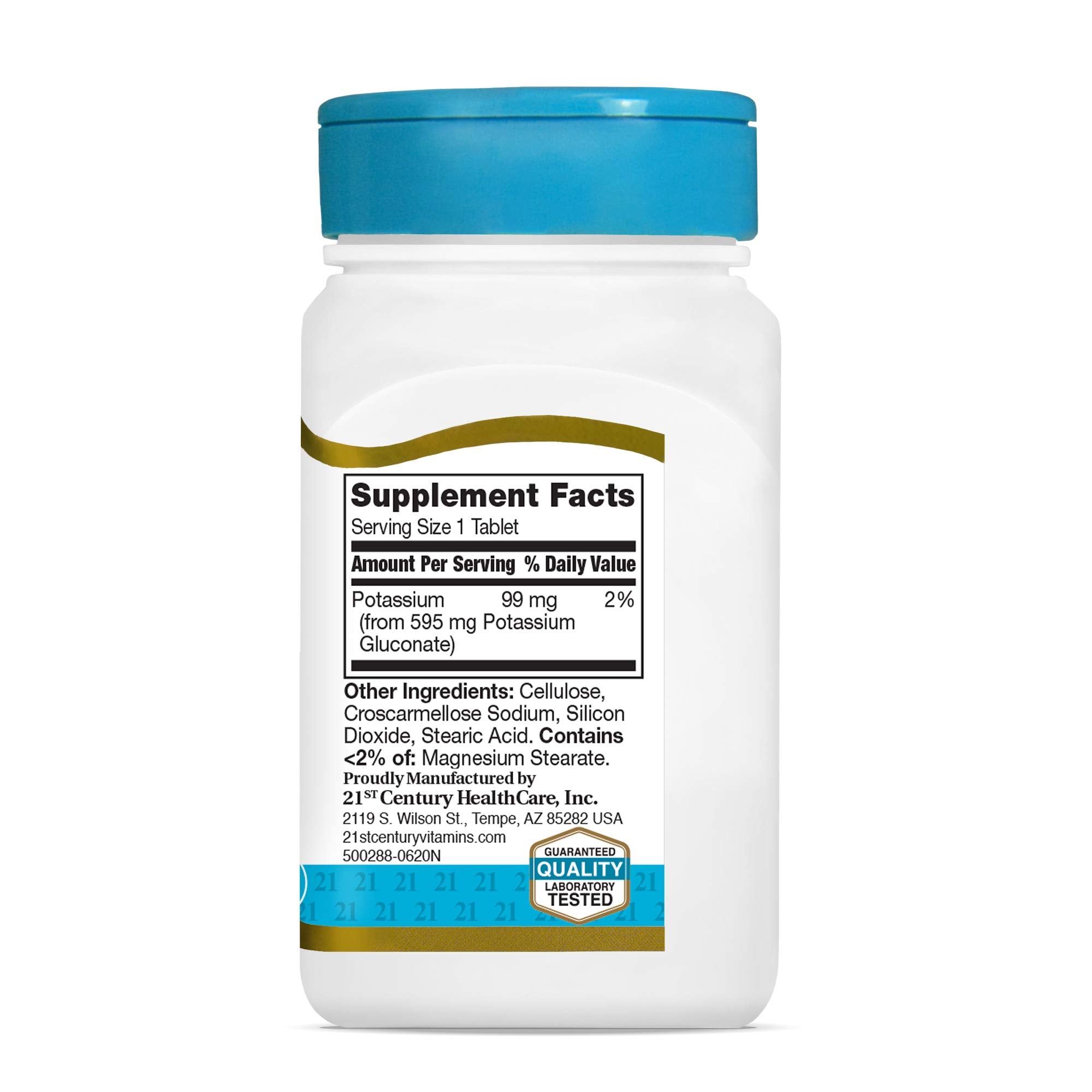 Twenty First Century potassium gluconate supplement 595 mg in a white bottle with blue cap