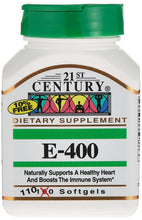 Vitamin E dietary supplement bottle with green cap, E-400 label and 110 softgels
