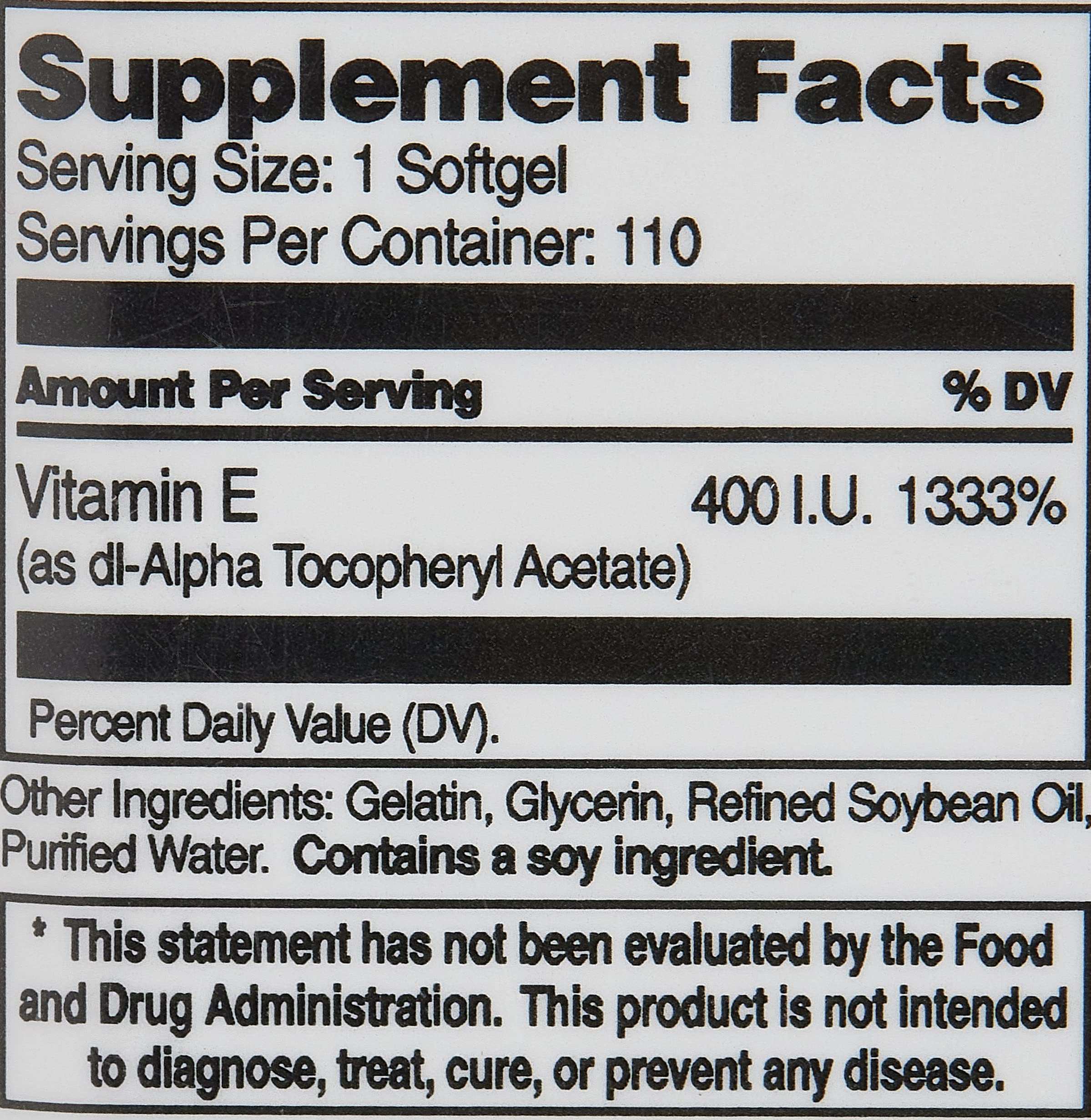 21st Century supplement facts label showing vitamin e 400 iu supplement 400 IU per softgel and 110 servings