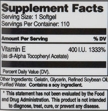 Supplement Facts panel showing Vitamin E 400 IU and ingredients list on label