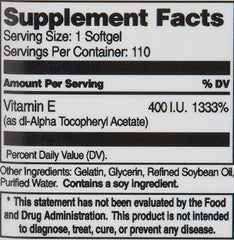 21st Century supplement facts label showing vitamin e 400 iu supplement 400 IU per softgel and 110 servings