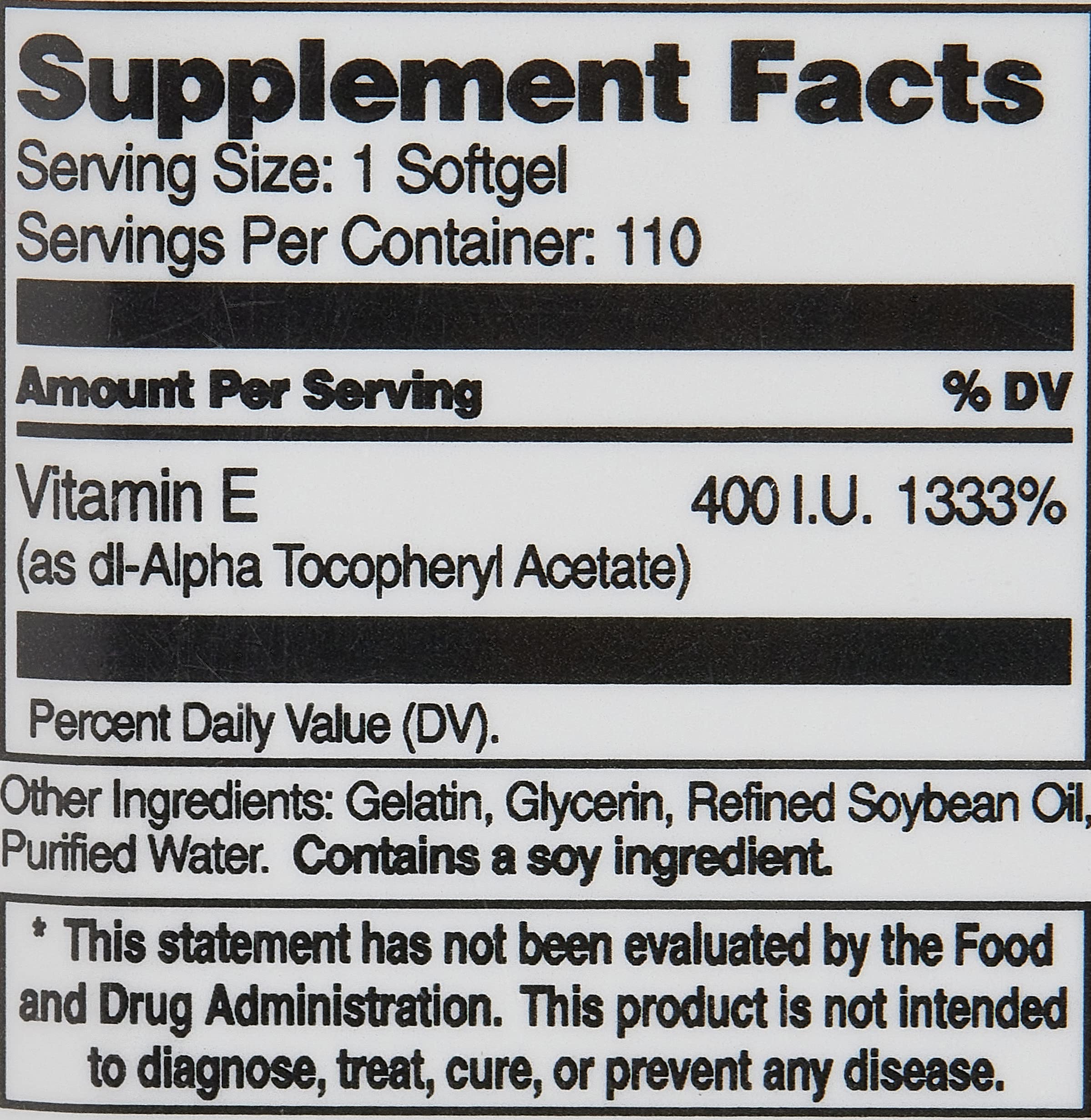 21st Century supplement facts label showing vitamin e 400 iu supplement 400 IU per softgel and 110 servings