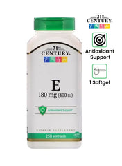 21st Century Vitamin E 400 IU supplement UAE in a bottle of 250 softgels for antioxidant support