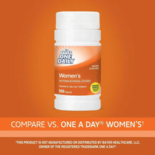 Women’s multivitamin supplement bottle, front label and 100 tablets
