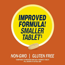 Vitamin tablet shown with non-GMO, gluten-free and improved formula badge