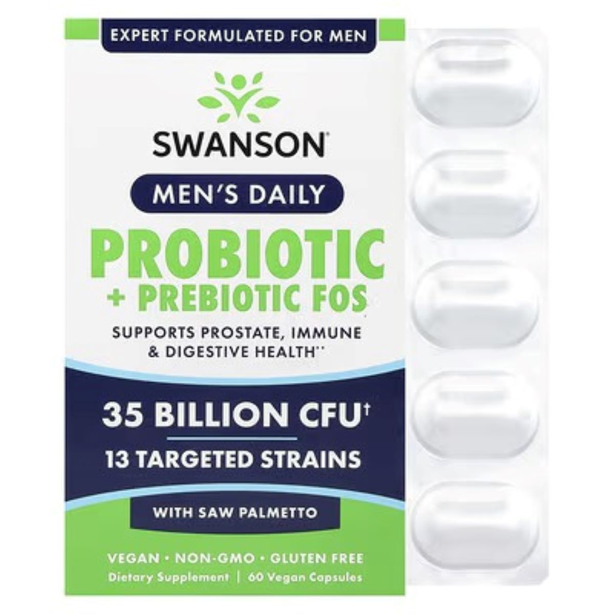 Swanson Vitamins Men's Daily Probiotic + Prebiotics FOS with Saw Palmetto, 35 Billion CFU, 60 Vegan Capsules