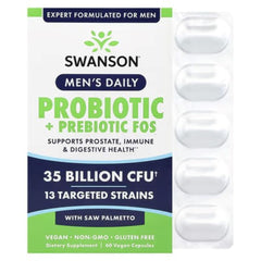 Swanson Vitamins Men's Daily Probiotic + Prebiotics FOS with Saw Palmetto, 35 Billion CFU, 60 Vegan Capsules