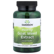 Swanson Horny Goat Weed Extract herbal supplement bottle, 120 capsules, 500 mg