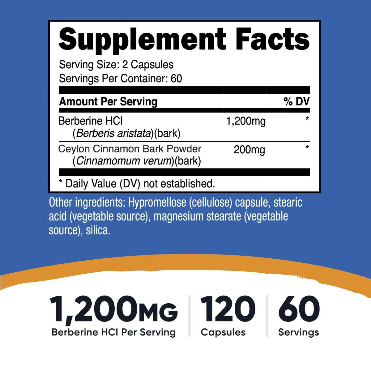 Supplement Facts panel: serving size 2 capsules; Berberine HCl 1,200 mg