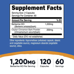 Supplement Facts panel: serving size 2 capsules; Berberine HCl 1,200 mg