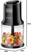 Black+DECKER vertical chopper with clear bowl, stainless steel blades, black chrome trim