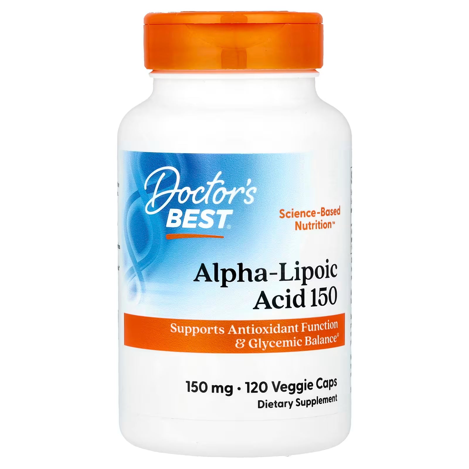 Alpha-lipoic acid 150 mg supplement bottle, orange cap, front label