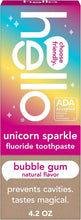 Unicorn sparkle fluoride toothpaste box, bubble gum flavor, ADA accepted, 4.2 oz
