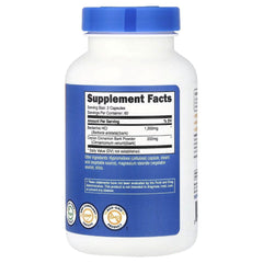 Supplement facts label on Nutricost Berberine HCl bottle, blue back panel, blue cap