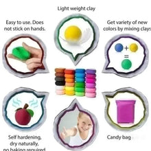 Lightweight self-hardening clay set showing mixed colors, stacking tubs, and candy bag