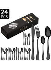 Huitich 24-piece dining flatware set in black stainless steel with knives forks and spoons