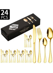 Huitich 24-piece dining flatware set with gold stainless steel knives forks and spoons