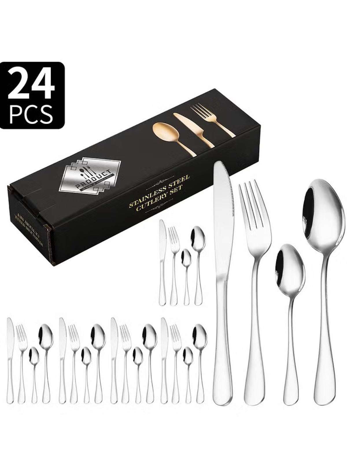 Huitich 24-piece dining flatware set with stainless steel forks knives and spoons in black box