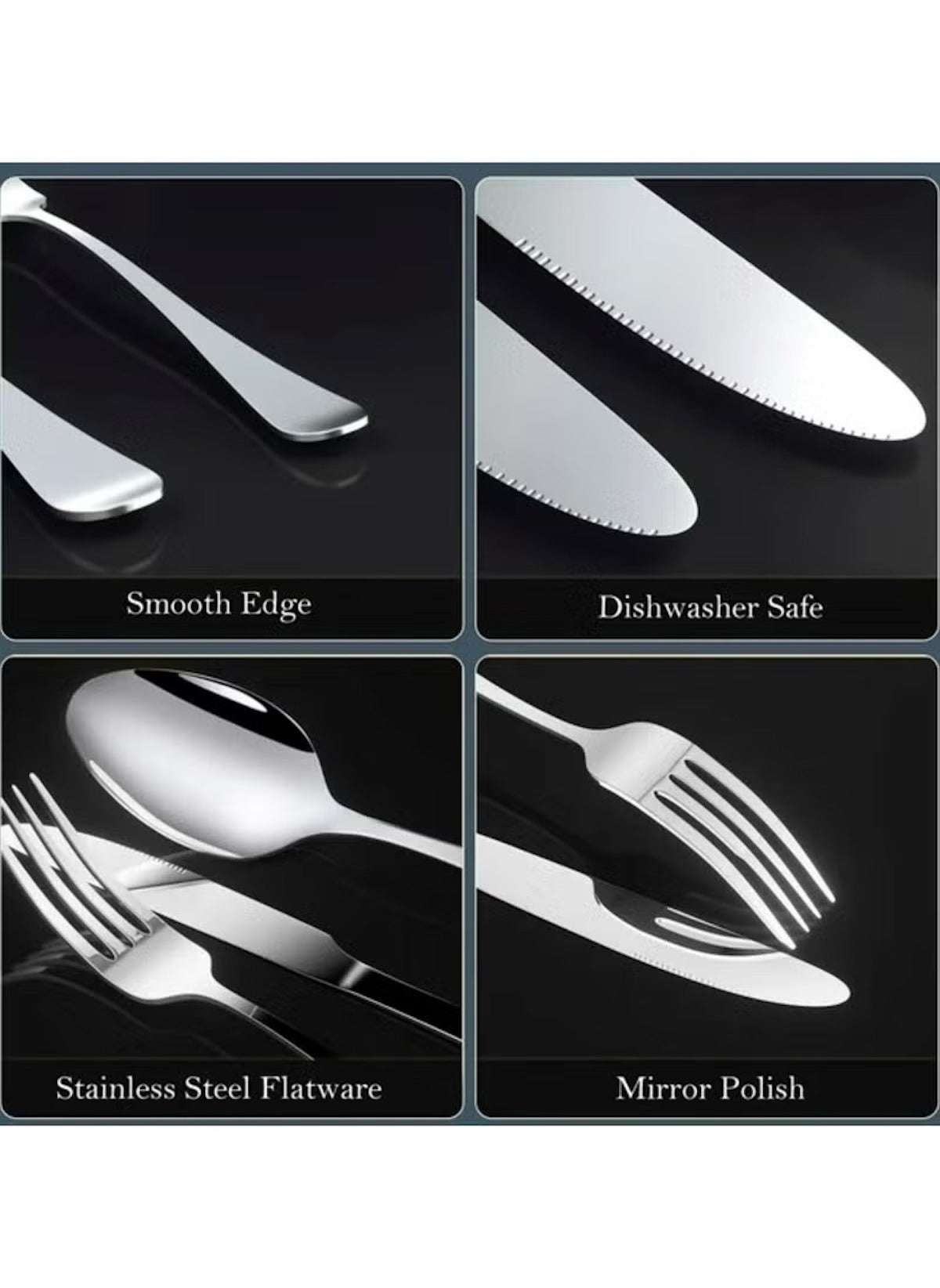Huitich 24-piece dining flatware set featuring stainless steel, smooth edges, dishwasher safe, and mirror polish finish