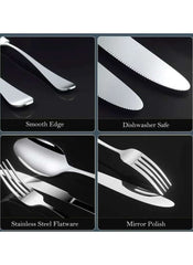 Huitich 24-piece dining flatware set featuring stainless steel, smooth edges, dishwasher safe, and mirror polish finish