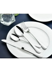Huitich 24-piece dining flatware set with stainless steel knife fork and spoons on white plate