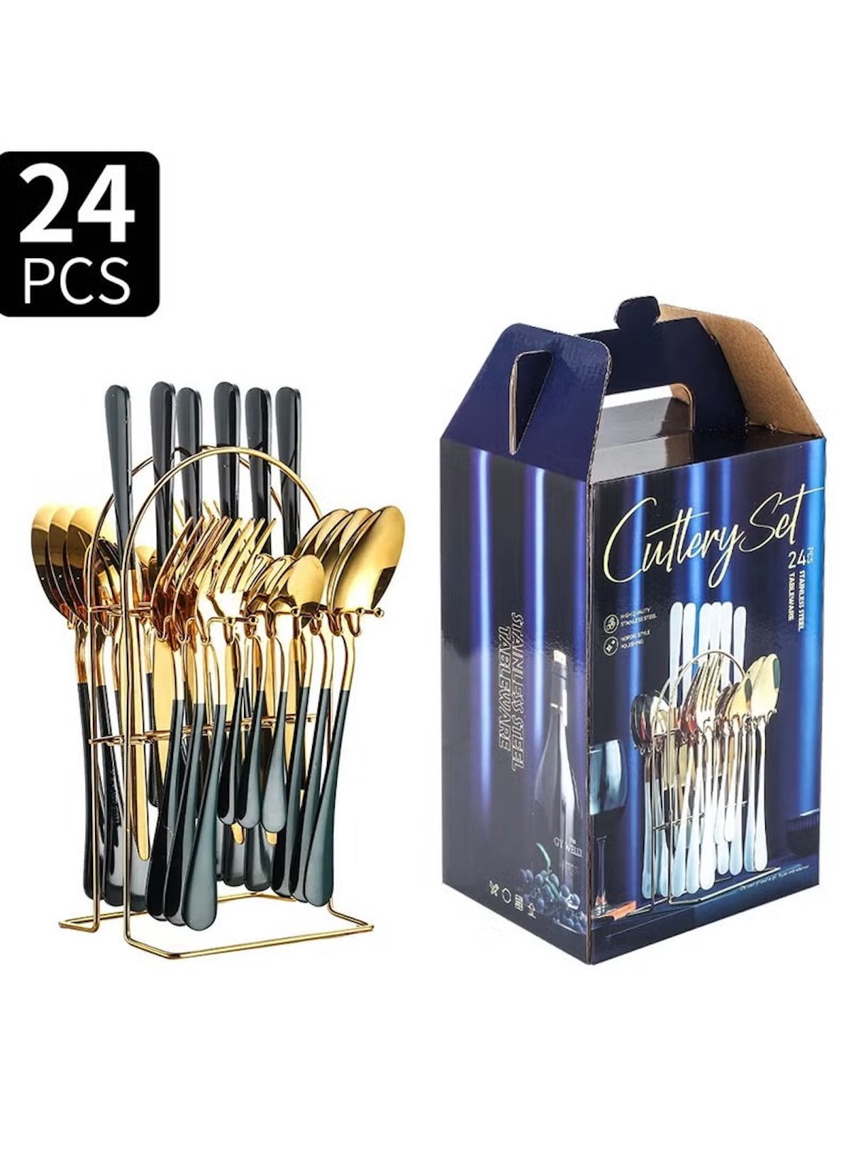 Huitich 24-piece dinnerware set with stand featuring gold and black flatware organized in a metal rack