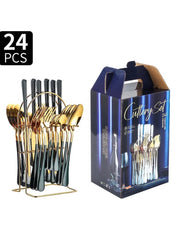 Huitich 24-piece dinnerware set with stand featuring gold and black flatware organized in a metal rack
