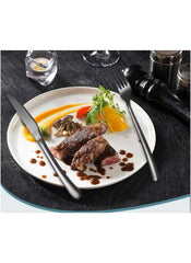 Huitich 24-piece dinnerware set with stand featuring matte black flatware on a gourmet steak plate