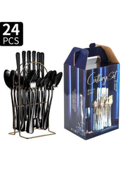Huitich 24-piece dinnerware set with stand featuring black flatware organized on a metal holder with packaging box