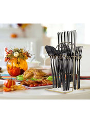 Huitich 24-piece dinnerware set with stand featuring sleek black flatware displayed on a gold holder