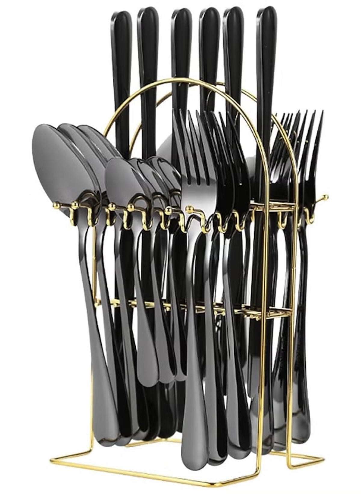 Huitich 24-piece dinnerware set with stand featuring black flatware including spoons forks and knives