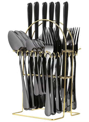Huitich 24-piece dinnerware set with stand featuring black flatware including spoons forks and knives