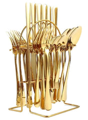 Huitich 24-piece dinnerware set with stand in gold finish including forks spoons and knives