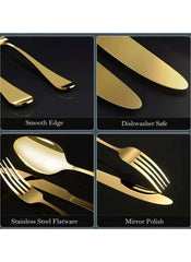 Huitich 24-piece dinnerware set with stand featuring gold stainless steel flatware with smooth edges and mirror polish