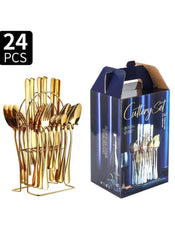 Huitich 24-piece dinnerware set with stand in gold flatware including forks spoons and knives