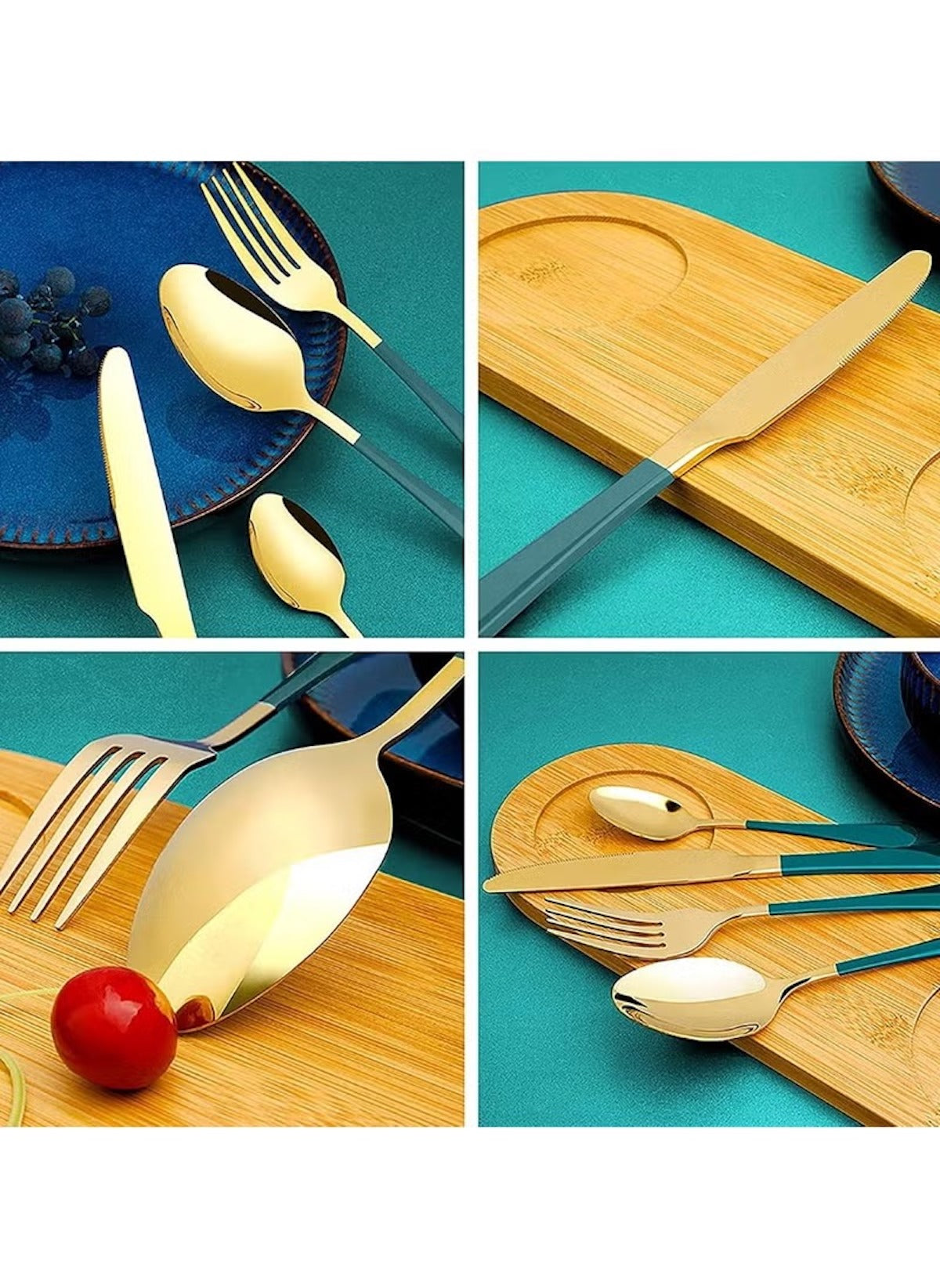Huitich 24-piece dinnerware set with stand featuring gold and black flatware including forks spoons and knives