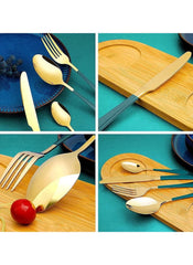 Huitich 24-piece dinnerware set with stand featuring gold and black flatware including forks spoons and knives