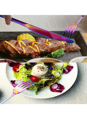 Huitich 24-piece dinnerware set with stand featuring iridescent flatware and cutlery with steak and salad