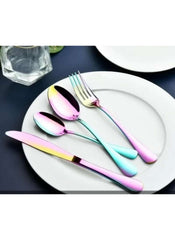 Huitich 24-piece dinnerware set with stand iridescent flatware including knife fork and spoons on white plate