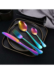 Huitich 24-piece dinnerware set with stand featuring iridescent flatware including knife, fork, and spoons on black plates