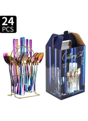 Huitich 24-piece dinnerware set with stand featuring iridescent flatware in gold rack