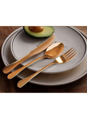 Huitich 24-piece dinnerware set with stand featuring gold flatware knife spoon and fork on gray plates