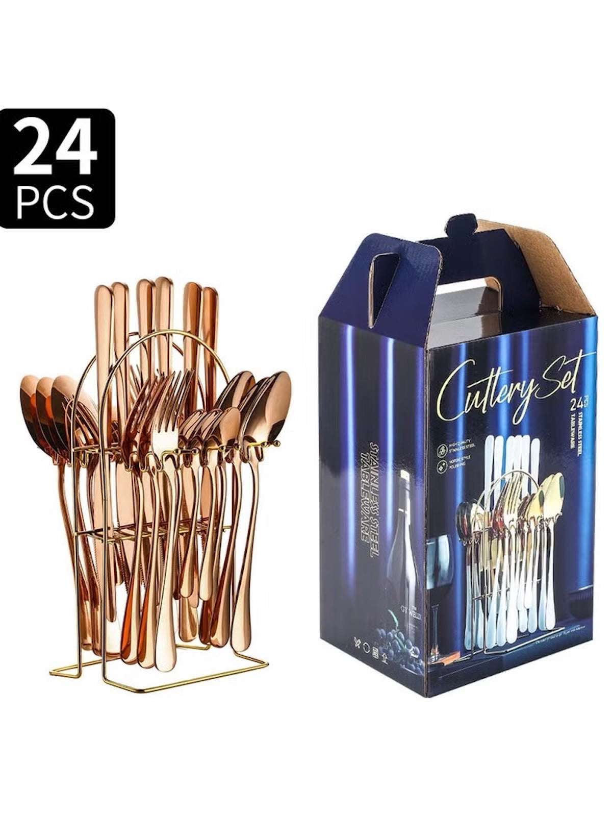 Huitich 24-piece dinnerware set with stand in rose gold stainless steel flatware and cutlery